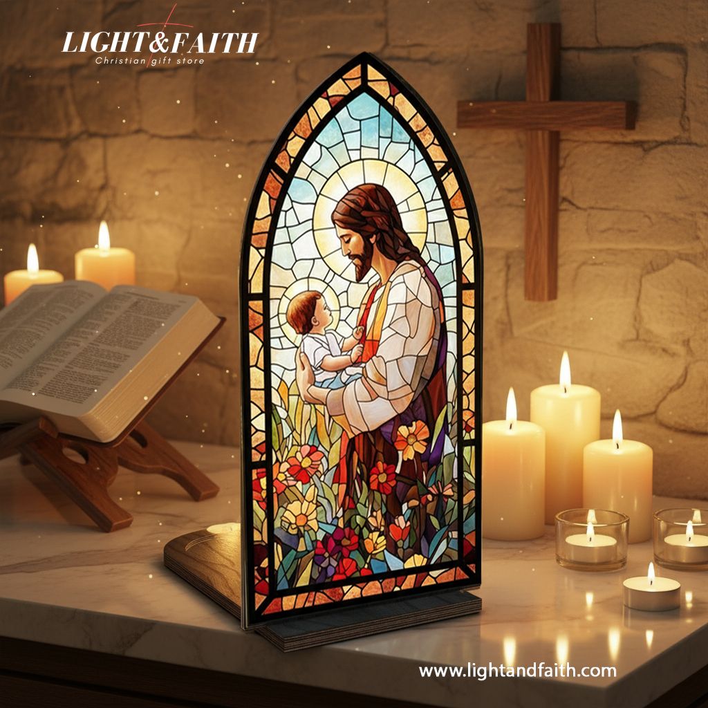 Jesus with Child Book Nook, Stained Glass Style Acrylic Decor, Christian Gift, Baptism and Baby Dedication Gift, Faith Home Decoration BNLAF11